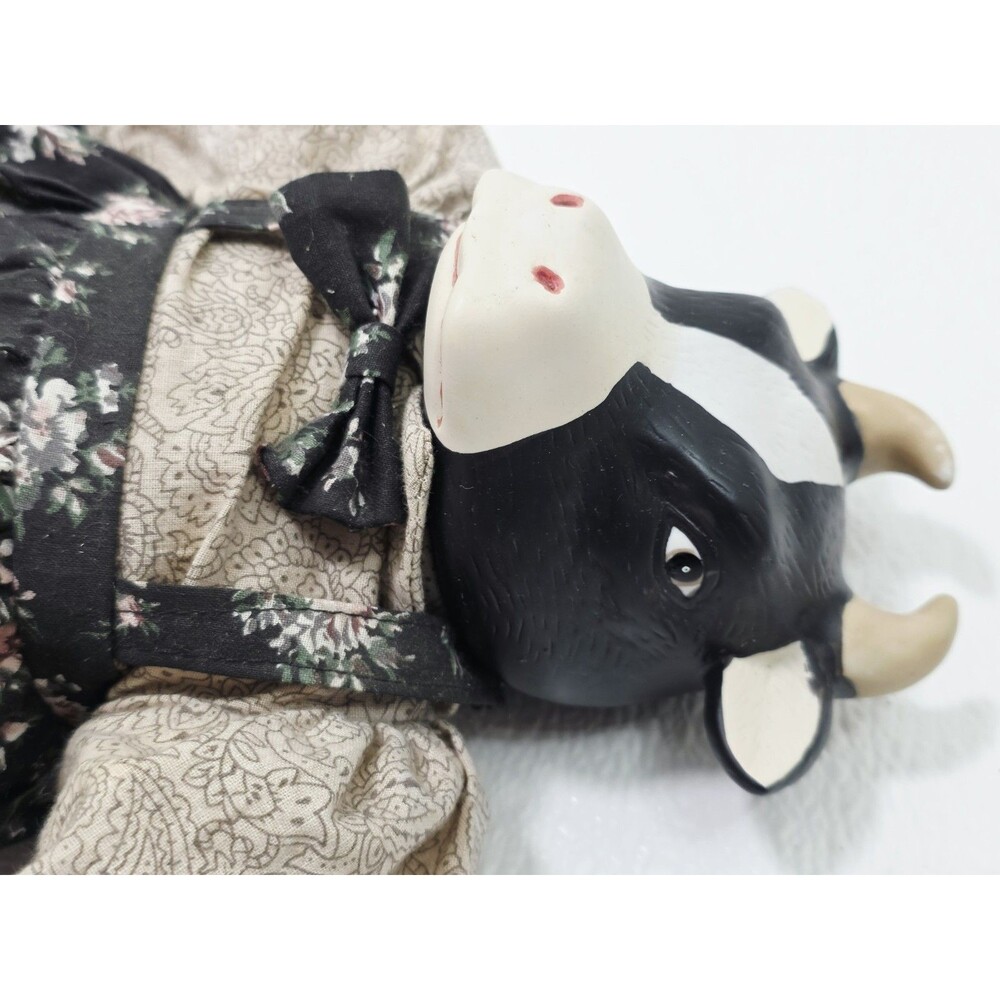 Vtg 1990s Holstein Cow Doll Soft Body Porcelain Ceramic Head Country Farmhouse